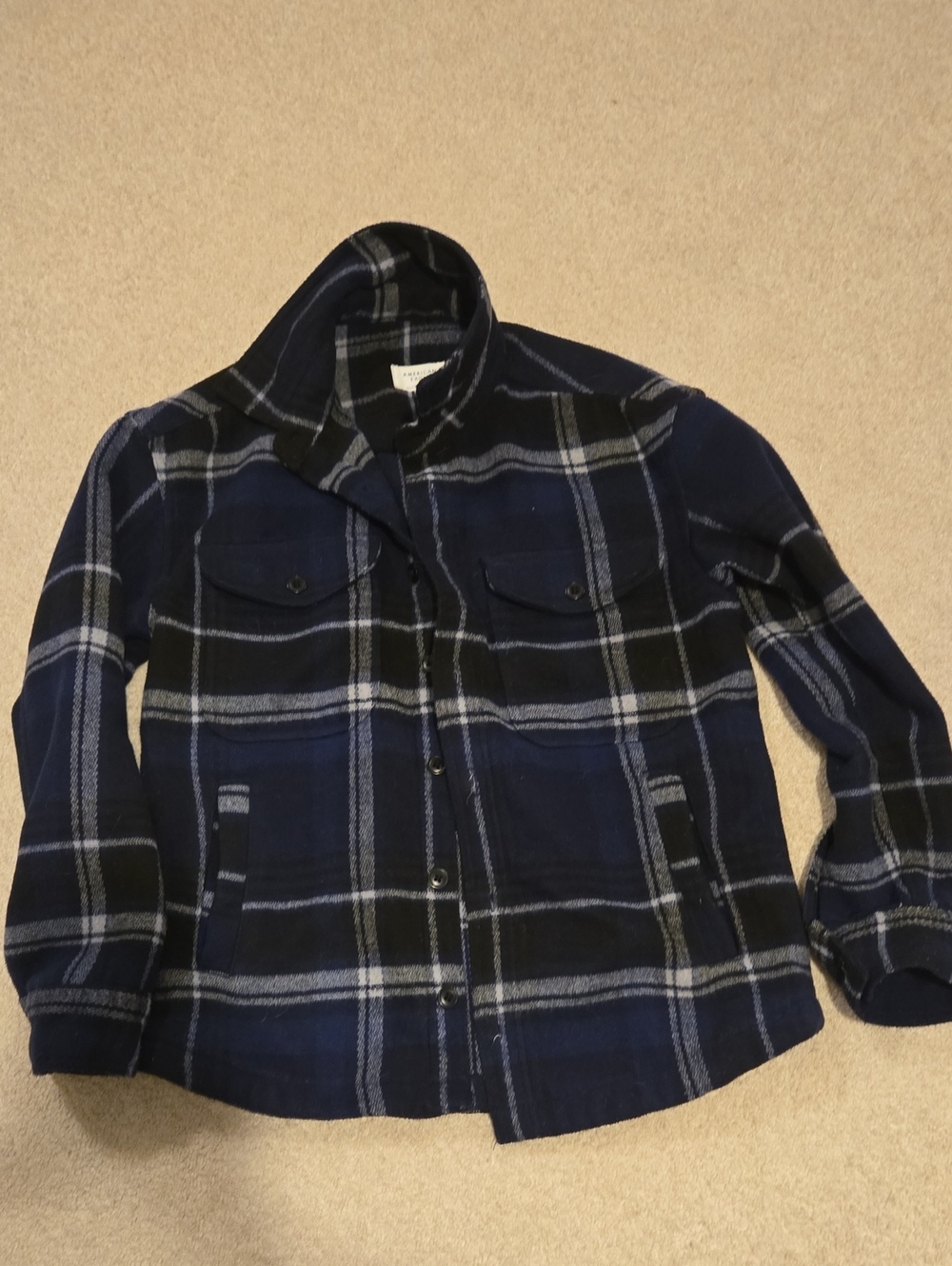 American Eagle Men's XS Oversized Fit Navy Plaid Button Down Flannel Jacket